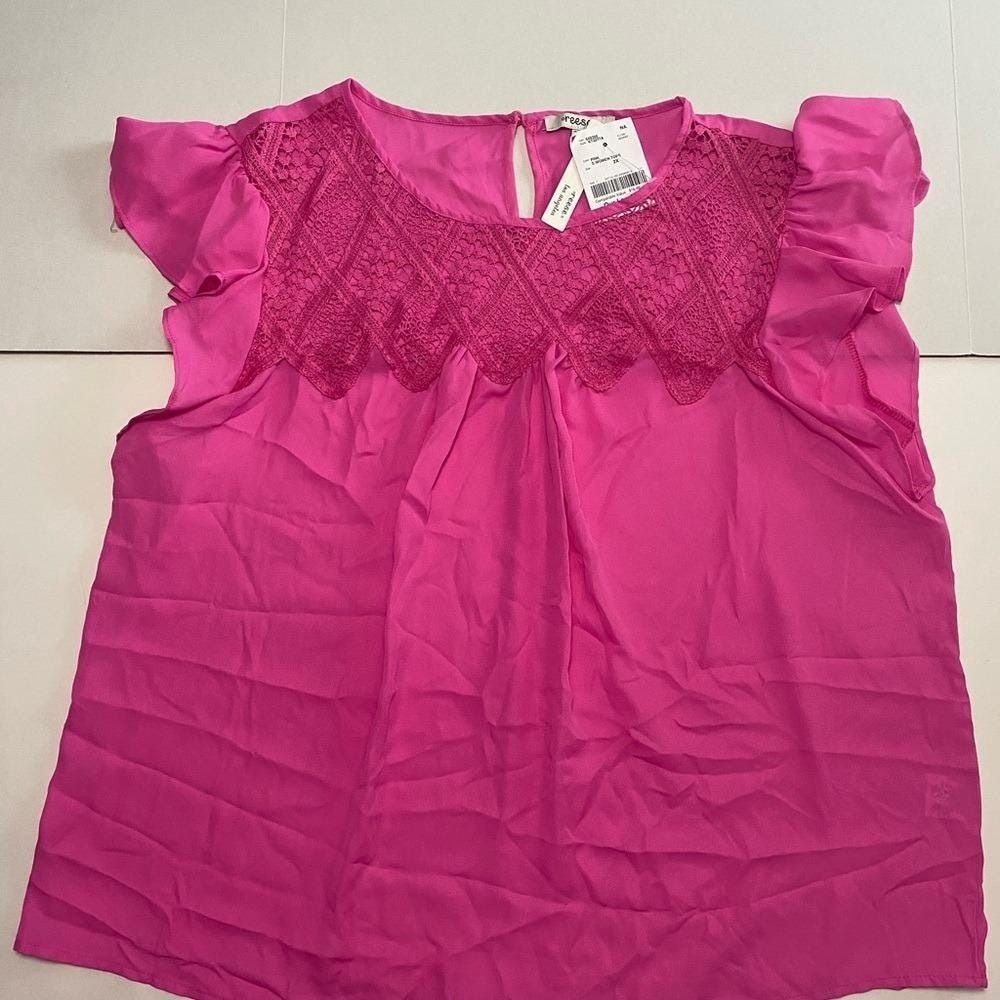 Reese Pink Lace Accent Blouse with Fluttery Sleeves Size 2 XL